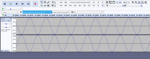 A screenshot from
                the audio editing software Audacity showing two 440Hz sine tones
                180 degrees out of phase in the left and right audio channels.